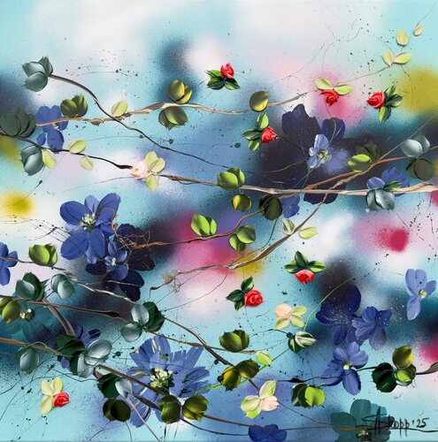 Roses on a Turquoise Sky  - floral 3d art by Anastassia Skopp, Painting for Sale on Singulart