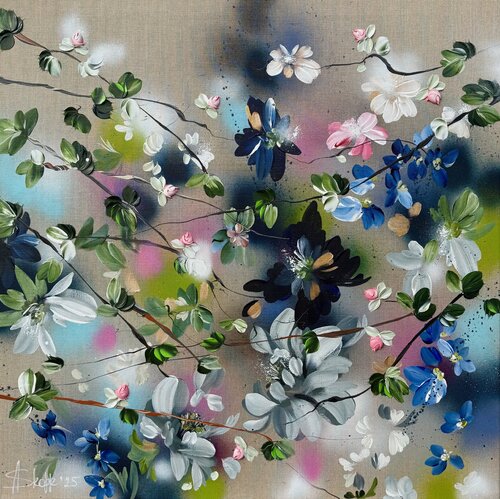 "Movement - Roses I” large colorful floral painting van Anastassia Skopp, Schilderij te koop op Singulart