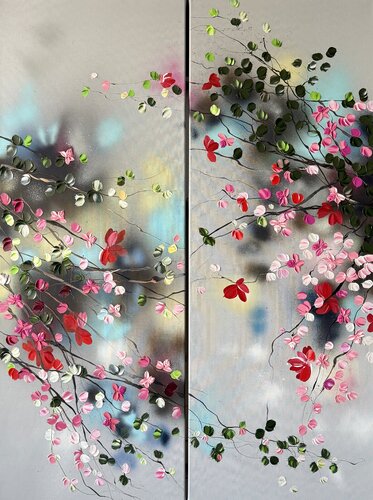 "Japanese Spring" extra large floral 3d diptych on linen canvas di Anastassia Skopp, Pittura in vendita su Singulart