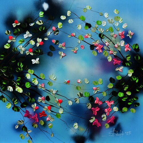 "Romantic Moment I” large blue pink green floral painting van Anastassia Skopp, Schilderij te koop op Singulart