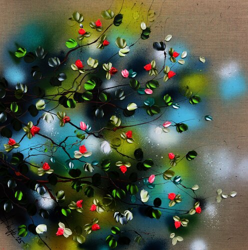 "Branches in Bloom”  colorful floral painting on linen by Anastassia Skopp, Painting for Sale on Singulart