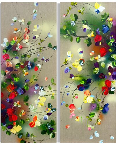 "Wild Flowers"  large colorful floral diptych de Anastassia Skopp, Pintura a la venta en Singulart