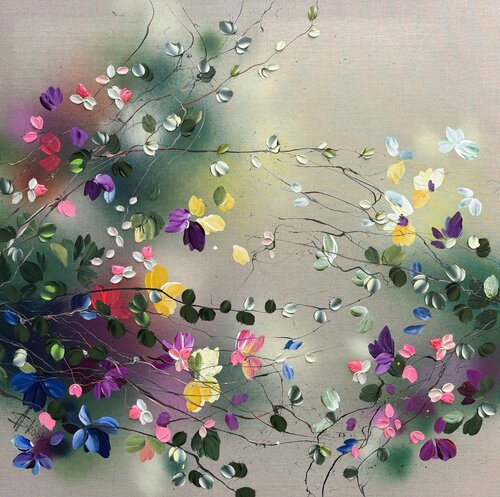 "Ethereal Drift” square floral painting van Anastassia Skopp, Schilderij te koop op Singulart