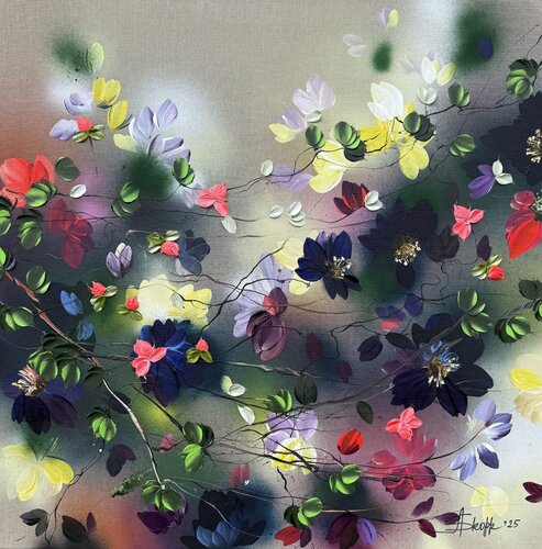 "Wild Garden”  colorful floral painting on linen de Anastassia Skopp, Pintura a la venta en Singulart