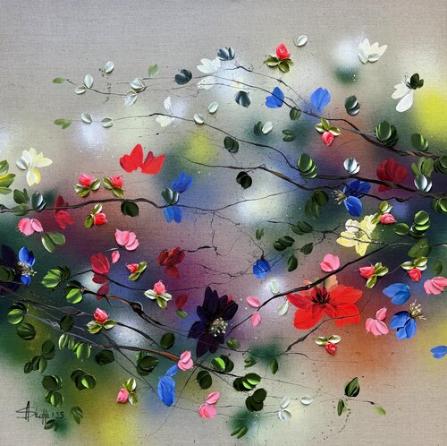 "Potpourri I" colorful floral 3d painting on linen canvas van Anastassia Skopp, Schilderij te koop op Singulart