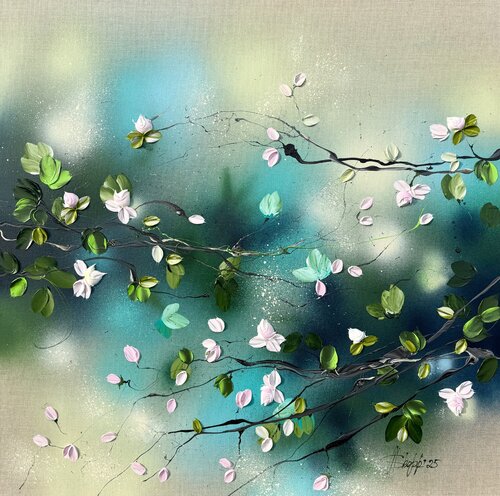 "Romantic Roses” soft pink floral painting on linen Anastassia Skopp