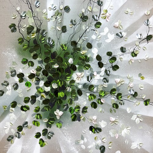 "Petals in Light”  green white floral painting on linen Anastassia Skopp