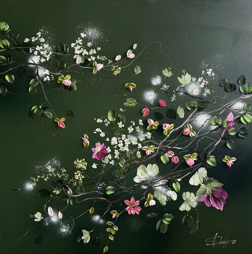 "Whispers in Green" dark green floral 3d painting on canvas Anastassia Skopp