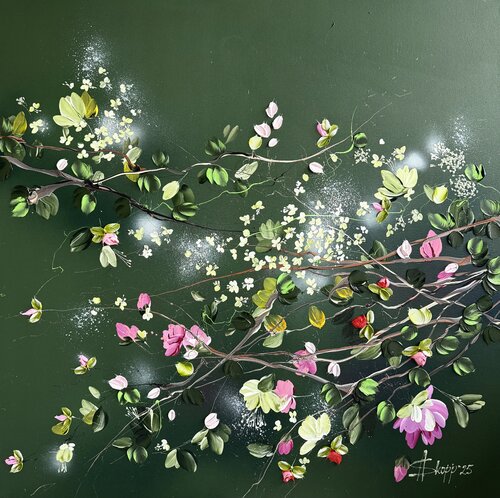 "Whispers in Green II" dark green floral 3d painting on canvas de Anastassia Skopp, Pintura a la venta en Singulart