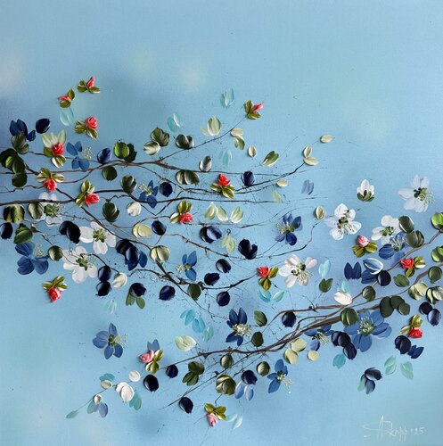 "Blue Stillness" dark green floral 3d painting on canvas by Anastassia Skopp, Painting for Sale on Singulart