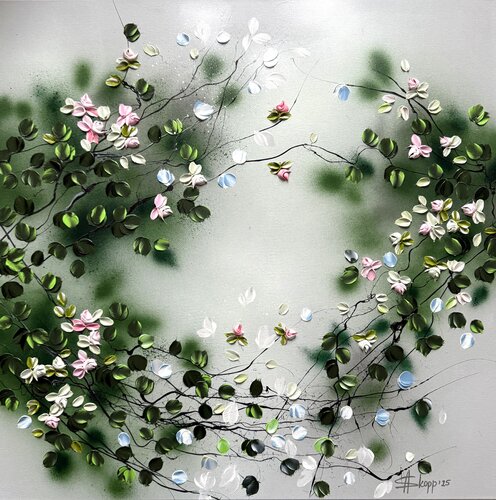 "Roses in Grey Cloud” square large floral painting Anastassia Skopp