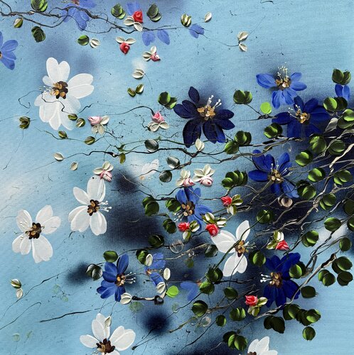 "Blue Flow" textured floral 3d painting on canvas van Anastassia Skopp, Schilderij te koop op Singulart