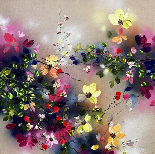 "Hanami Dreams” square large floral painting van Anastassia Skopp, Schilderij te koop op Singulart