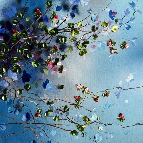 "Pink Buds in Blue Air" textured floral 3d painting on canvas van Anastassia Skopp, Schilderij te koop op Singulart