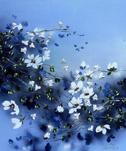 Pearl Roses in Blue Silence de Anastassia Skopp, Pintura a la venta en Singulart