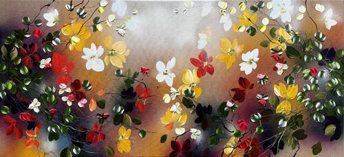 Autumn Light in Bloom - landscape format floral painting on canvas de Anastassia Skopp, Pintura a la venta en Singulart