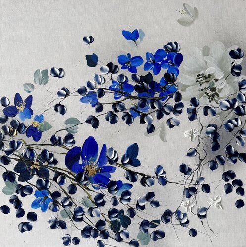 "Midnight Blossoms" textured floral 3d painting on canvas von Anastassia Skopp, Malerei kaufen auf Singulart