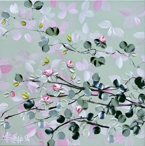 Blush of Spring - green pink 3d art on linen canvas de Anastassia Skopp, Pintura a la venta en Singulart