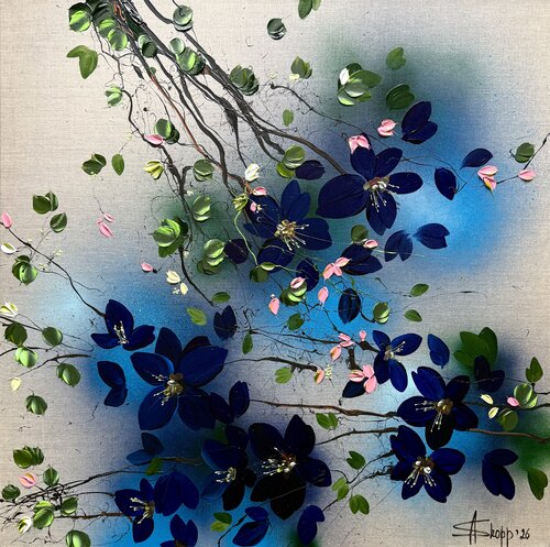 "Indigo Blossoms" textured floral 3d painting on canvas van Anastassia Skopp, Schilderij te koop op Singulart