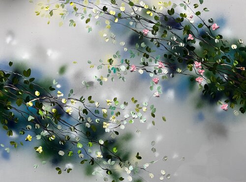 Extra large floral 3d painting on canvas "Between Rain Air and Branches" di Anastassia Skopp, Pittura in vendita su Singulart