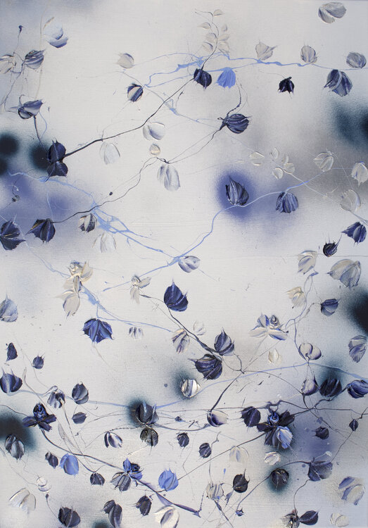 “Moonlight” silver, gold, blue floral painting Anastassia Skopp