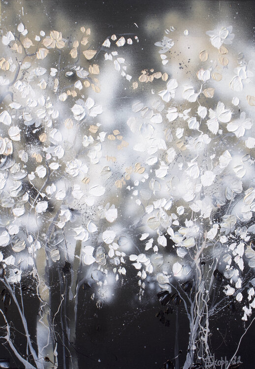 “Silver Night" white black silver trees artwork Anastassia Skopp