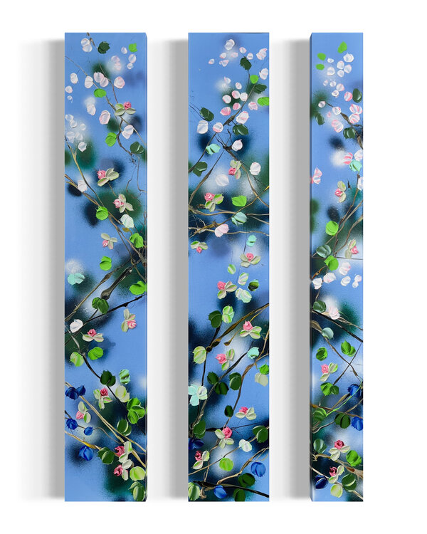 "Movement" light blue floral textured painting Anastassia Skopp