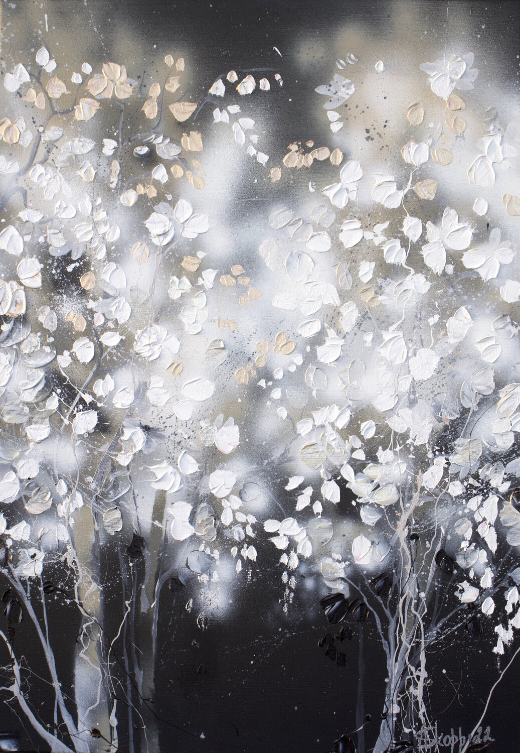 “Silver Night" white black silver trees artwork Anastassia Skopp