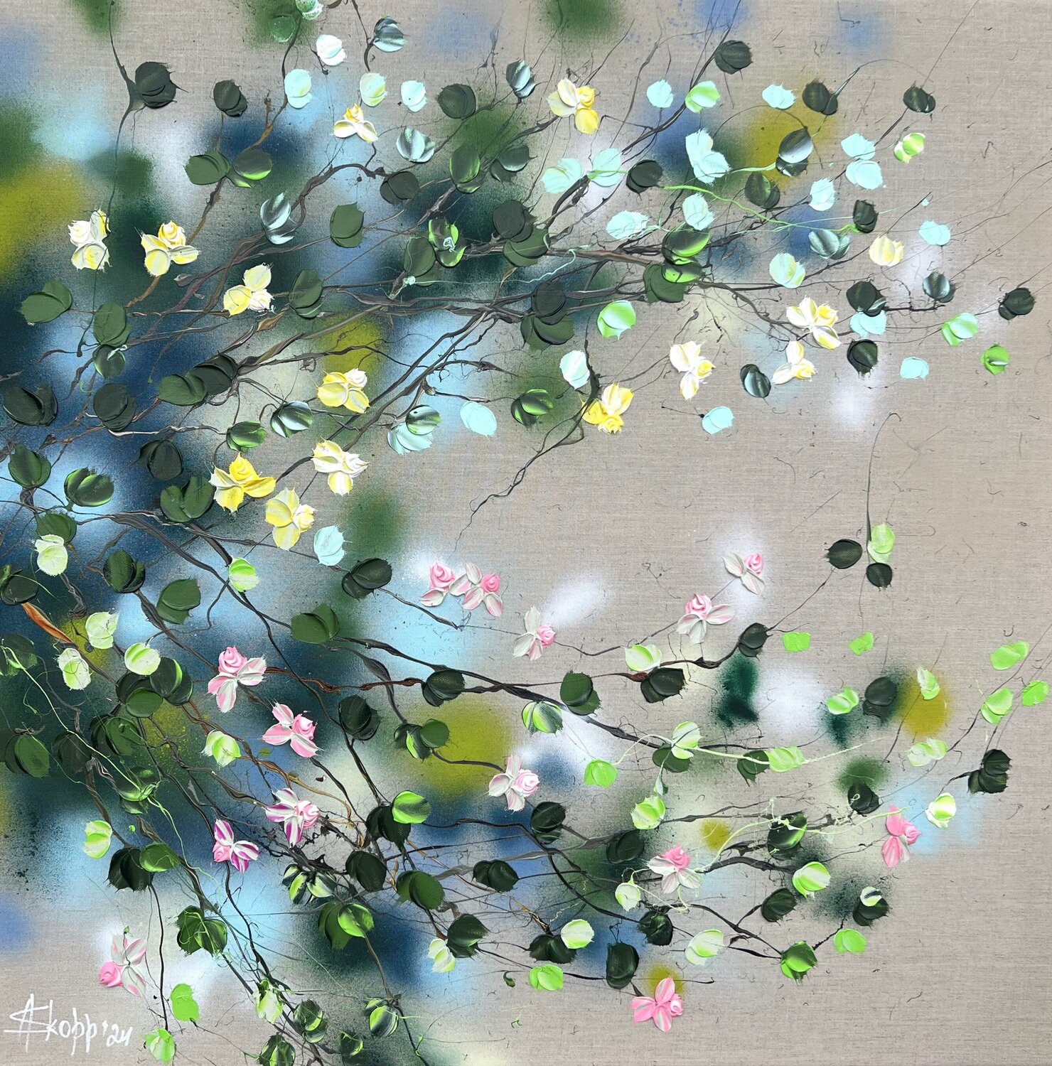 "Pink and Yellow” square floral painting Anastassia Skopp Originalgemälde zu verkaufen