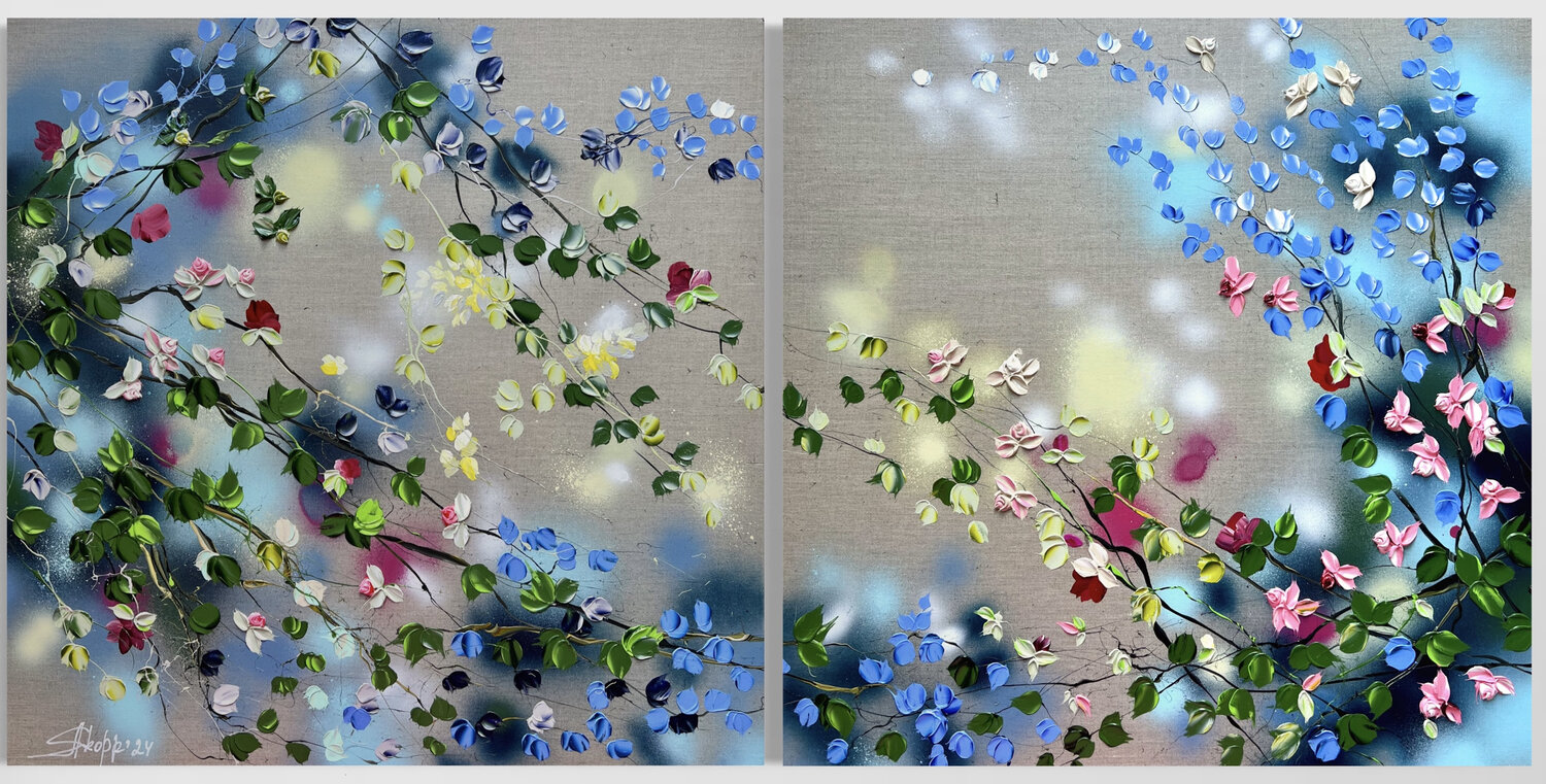 "Floral Landscape" textured diptych on linen Anastassia Skopp Originalgemälde zu verkaufen