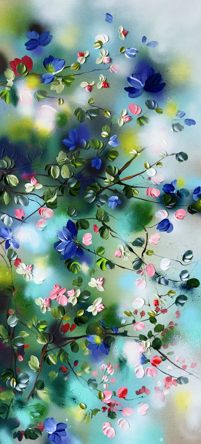 Spring Veil - vertical format floral painting on canvas Anastassia Skopp
