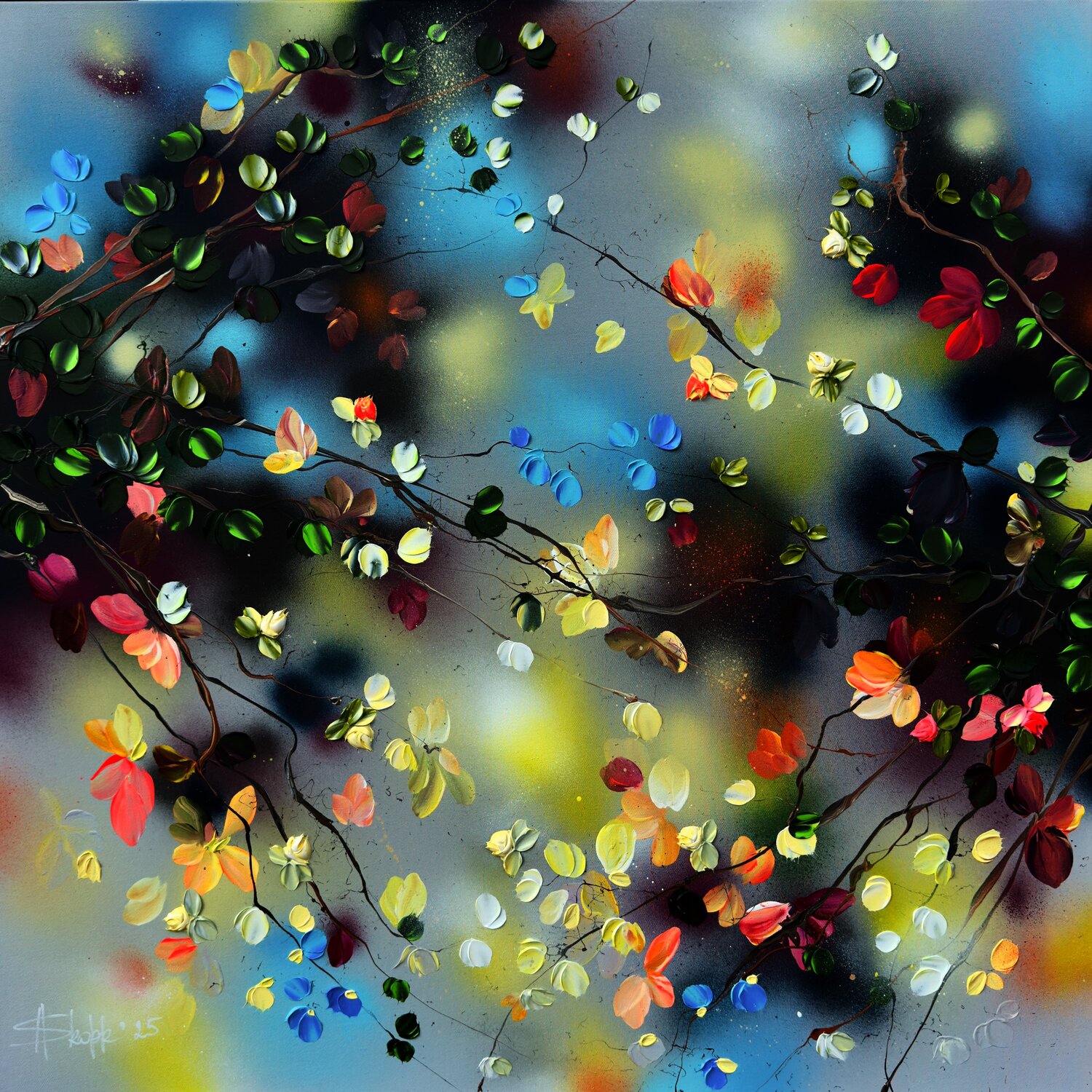 "Silent Radiance” square floral painting Anastassia Skopp Dipinto originale in vendita