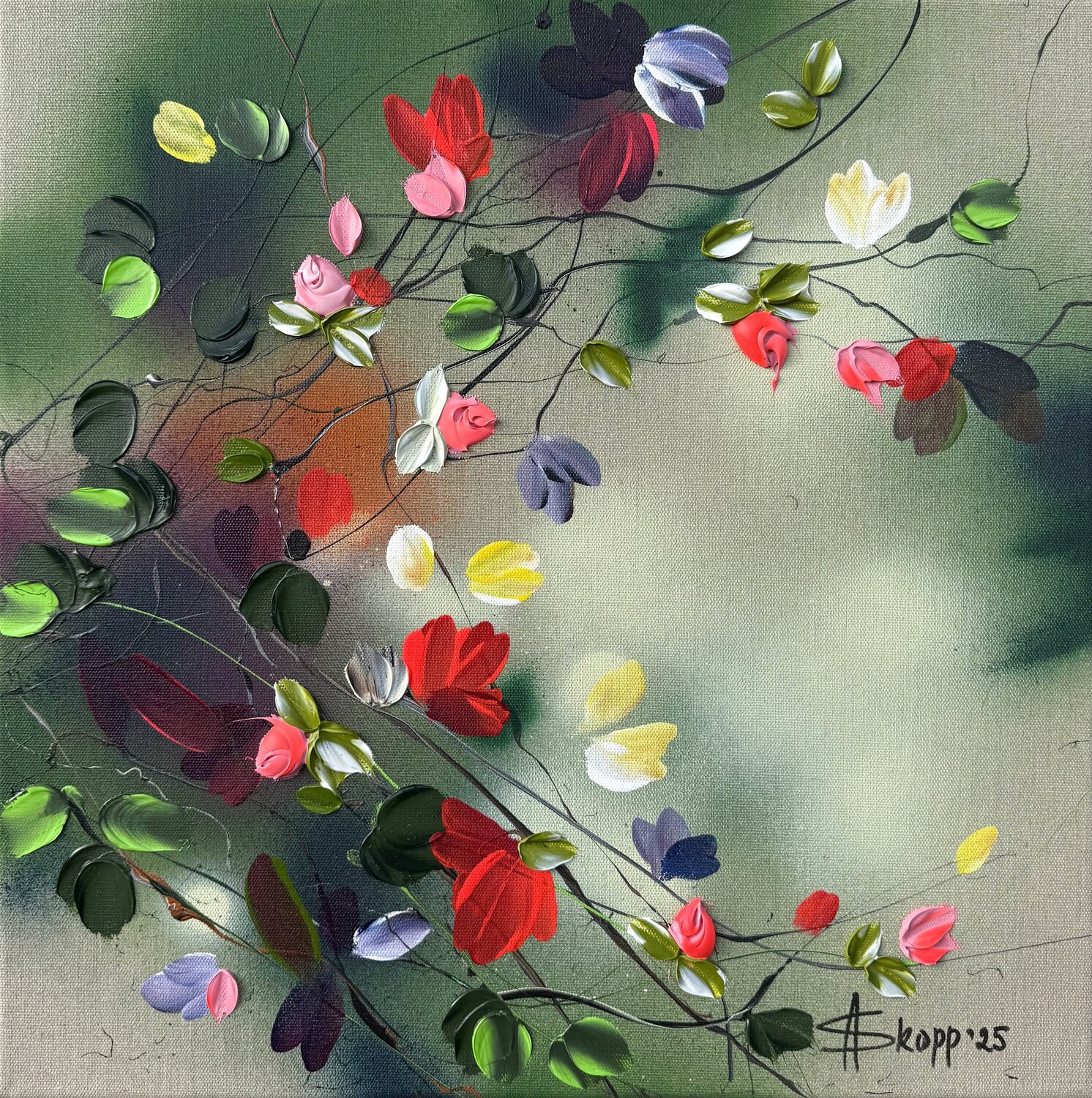 "Flowers" - green pink 3d art on linen canvas Anastassia Skopp Originalgemälde zu verkaufen