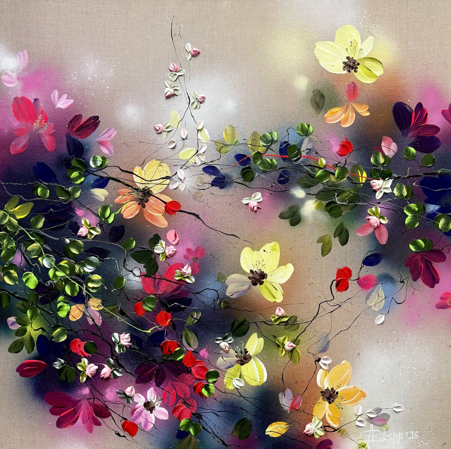 "Hanami Dreams” square large floral painting Anastassia Skopp Originalgemälde zu verkaufen