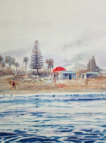 le parasol rouge sur la plage par MACARENA SANZ, Peinture en vente sur Singulart