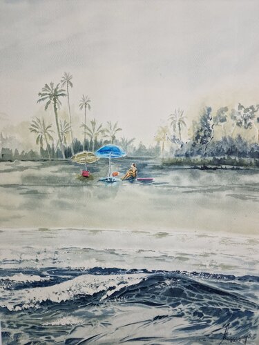 Blue Umbrella on Grao Beach par MACARENA SANZ, Peinture en vente sur Singulart