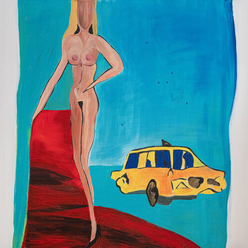 Venus With Super Long Legs On A Red Carpet Beside A Yellow Cab by Ares Yannakopoulos, Painting for Sale on Singulart
