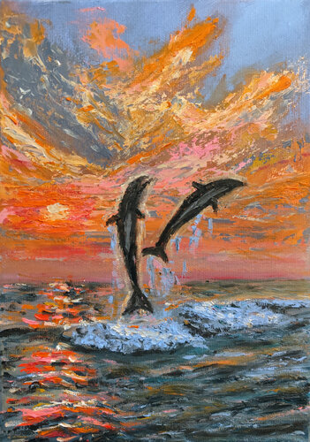 Tramonto con delfini di Maria Galan, Pittura in vendita su Singulart