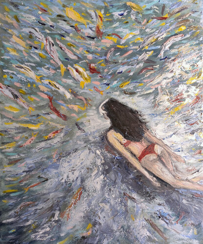 La ragazza che nuota con i pesci van Maria Galan, Schilderij te koop op Singulart