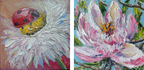 Set Natura Tattile (2 pezzi) - Coccinella e Magnolia 20x20 cm di Maria Galan, Pittura in vendita su Singulart