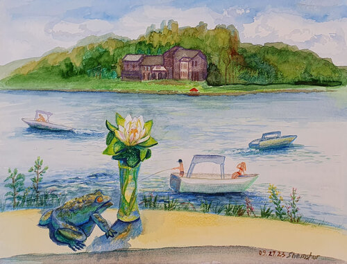 Summer Day at the Lake. Frog and Lotus de Nata Shemshur, Pintura a la venta en Singulart