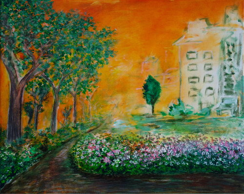 The corner with the trees in front of the house by Veronika Ban, Painting for Sale on Singulart