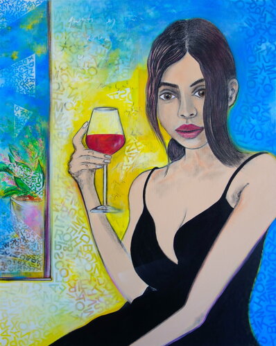 Woman drinking red wine by Veronika Ban, 絵画 for Sale on Singulart