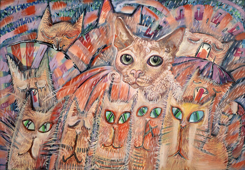 Katzen und Regenschirme von Anna Rona, Malerei kaufen auf Singulart