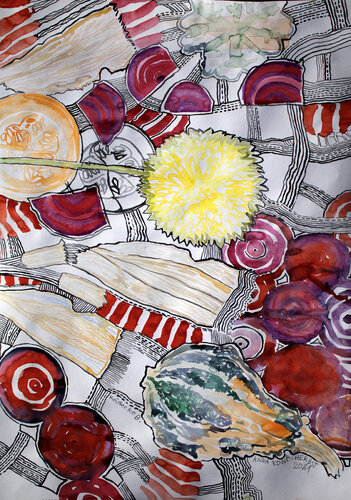 Rote Beete, Kürbis, Dahlie de Anna Rona, Pintura a la venta en Singulart