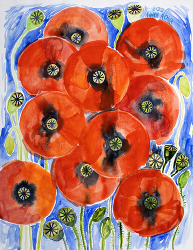Mohnblumen – rote Kreise van Anna Rona, Schilderij te koop op Singulart