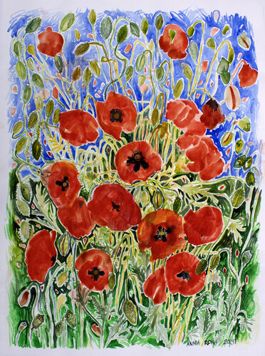 Mohnblumen, Himmel, Grün. van Anna Rona, Schilderij te koop op Singulart