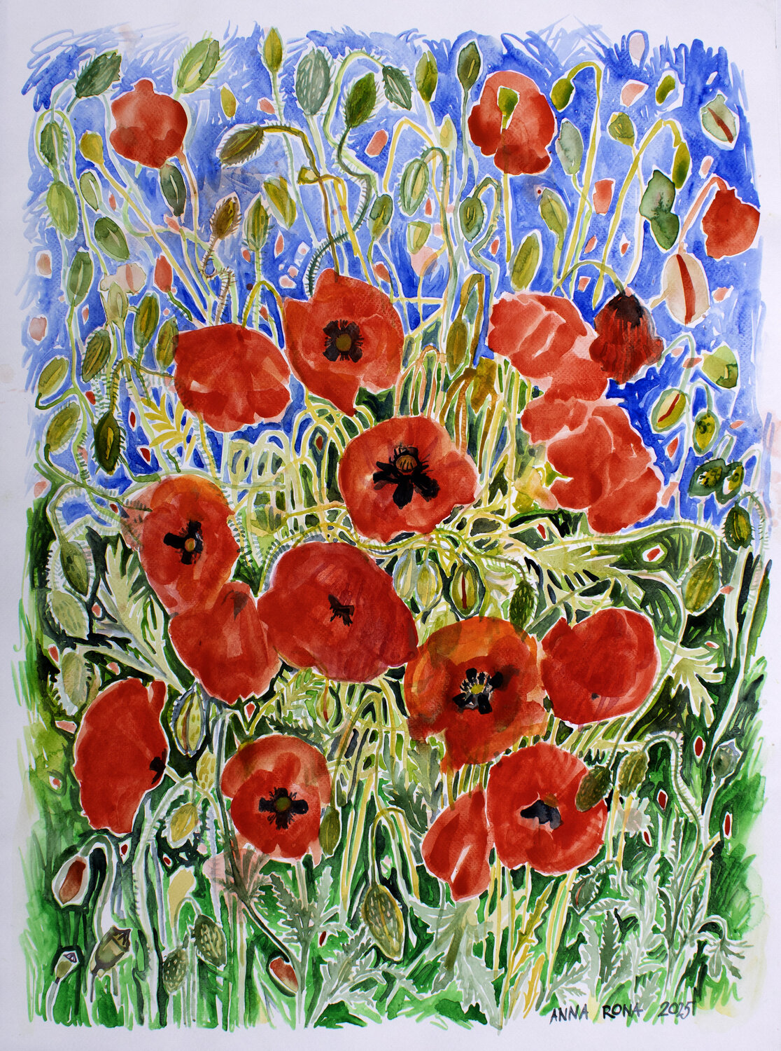 Mohnblumen, Himmel, Grün. Anna Rona