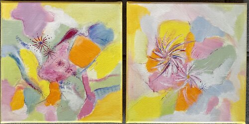 „Glückssterne“ - abstraktes farbenfrohes Duo Diptychons zusammen 60 x 30 cm by Susanna Schorr, 絵画 for Sale on Singulart
