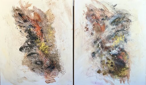 Seelenflüstern der Natur - Diptychon abstrakt in hellen Erdfarben van Susanna Schorr, Schilderij te koop op Singulart